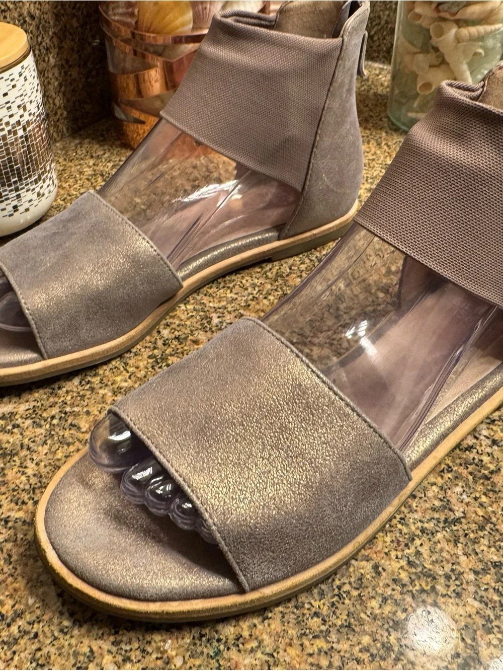 Eileen Fisher‎ Women's Metallic Taupe Open-Toe Ankle Cuff Sandals size 7